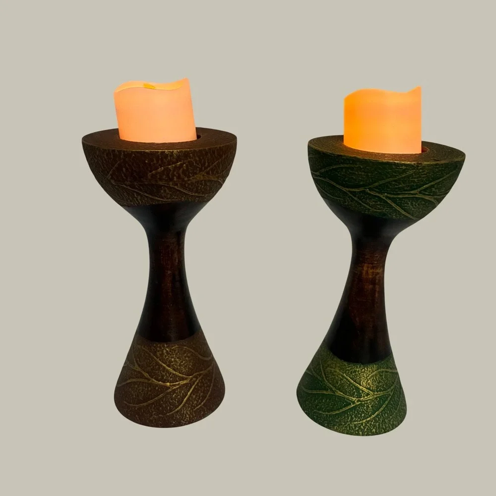 Wooden Candle Holder Set 5pc Brown Green Gold Leaf Motif Etched Decor